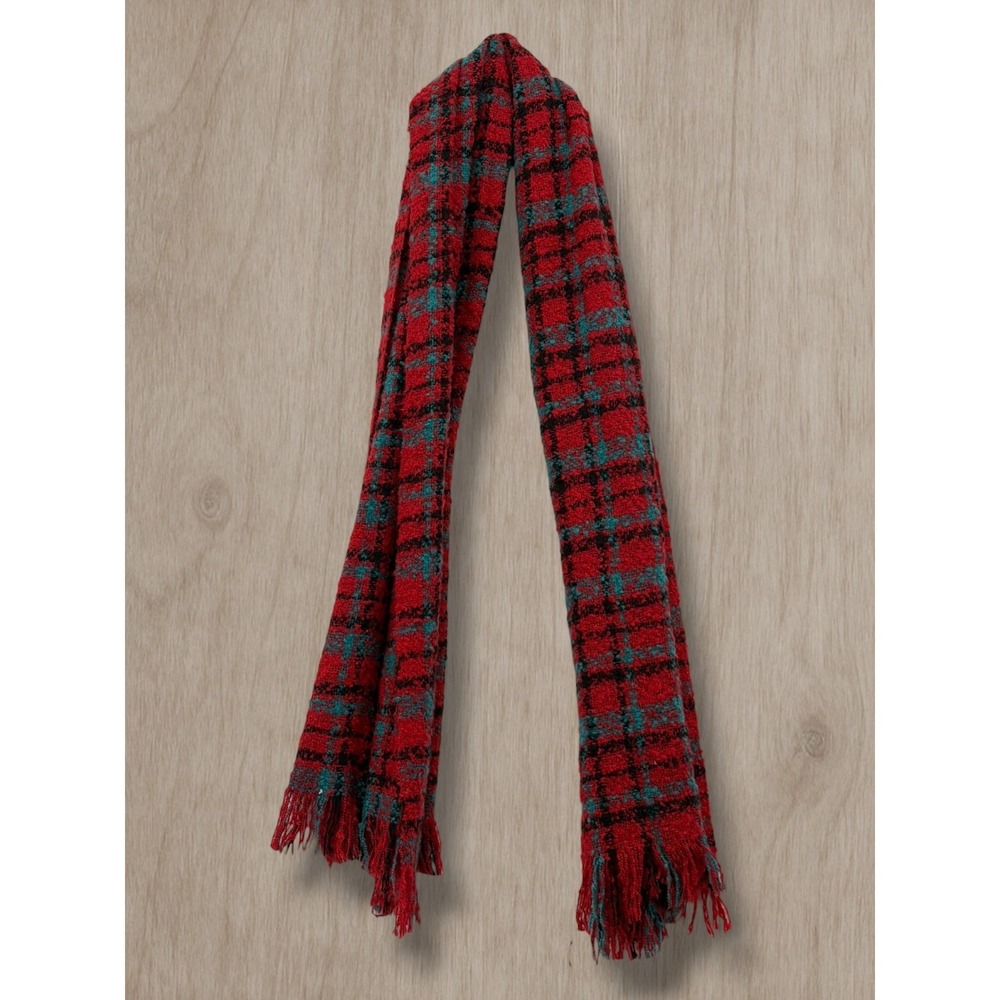 Red Teal Plaid Boucle Knit Scarf with Fringed Trim Soft Winter Wrap